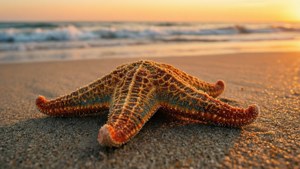 金色夕陽與海浪下的沙灘海星