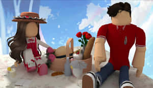 兩個 Roblox 角色在藍天下野餐，有玫瑰、麵包和飲料。
