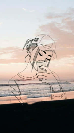 戴帽子的女孩在日落海灘上自拍