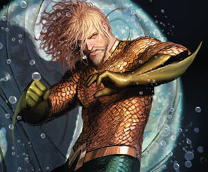 水底中身穿金色鱗甲的Aquaman，周圍有氣泡