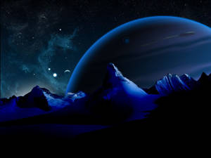 在繁星點點的夜空下，巨大藍色行星下的雪山 — 行星 壁紙