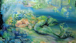 一條沉睡的美人魚在珊瑚上休息，周圍是發光的魚類和海洋生物，構成一個神奇的水下場景。 — 彩色 壁紙