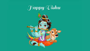 克里希納神在Happy Vishu節日期間與小牛一起吹奏長笛。 — 螢幕保護 壁紙