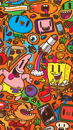 Nickelodeon 卡通角色在色彩繽紛、混亂的壁紙設計中。 — 海綿寶寶 meme GIF 壁紙
