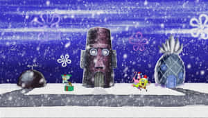 海綿寶寶和派大星穿著冬季裝備在雪花下慶祝聖誕節。