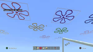 Minecraft遊戲介面顯示漂浮的像素花朵，附有庫存和位置HUD。 — 海綿寶寶 meme GIF 壁紙
