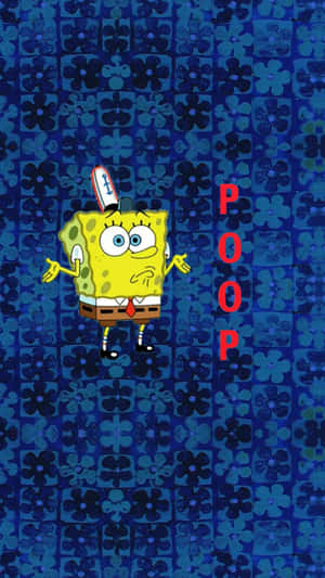 海綿寶寶看起來很困惑，POOP這個詞以紅色垂直書寫。