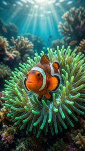 小丑魚依偎在綠色海葵中，陽光透過海水照射下來。