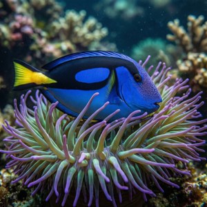 藍色刺尾魚棲息在珊瑚礁中的紫色海葵裡