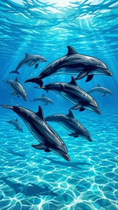 海豚在清澈的藍色海水中游泳，陽光穿透其中。