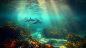 三條海豚在陽光照射的海水中於色彩繽紛的珊瑚礁上方游泳