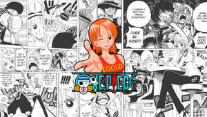One Piece漫畫面板，娜美微笑並指著，周圍是動作場景和西班牙語對話。