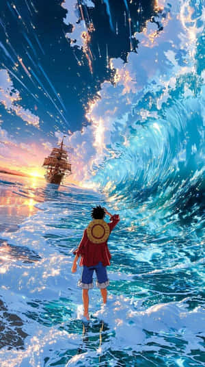 身穿紅色外套的年輕水手站在海洋波浪上，面向星空日落天空下遠處的船隻 — 海賊王 壁紙