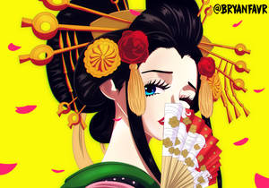 藍眼睛的動漫藝妓在黃色背景上拿著紅色扇子，背景有粉紅色花瓣。 — 公主與青蛙 壁紙