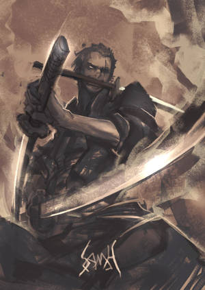 武士戰士在抽象背景前拔劍作戰姿勢。