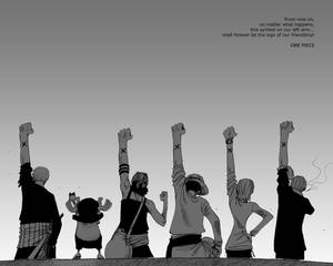六個《One Piece》角色舉起拳頭，手臂上顯示X標記，作為友誼的象徵。
