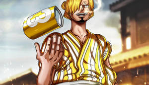 動漫男子身穿黃色長袍，手持金色罐子，火花四濺。