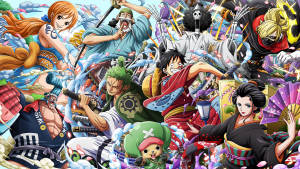 《One Piece》動漫角色在充滿動作的戰鬥場景中，帶有多彩效果。 — 多羅羅 壁紙