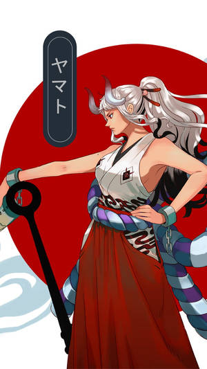 動漫角色大和穿著傳統服飾，在紅色太陽前手持法杖。 — 海賊王 壁紙