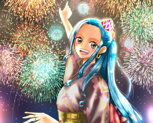 夜晚煙花下微笑的和服動畫女孩