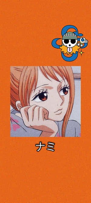 動漫女孩娜美，棕色頭髮和眼睛，將下巴擱在手上。
