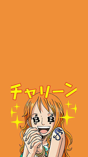 橙色頭髮和B紋身的動漫女孩開心地咧嘴笑，帶有閃爍光芒。