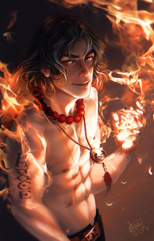 黑髮紅珠的動漫男人被火焰包圍，左臂紋有AXECE。 — Redmi Pad 2 9.7 壁紙