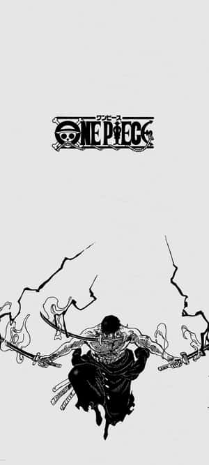 One Piece標誌上方，一位紋身劍士手持雙劍跳躍。 — 刀劍神域 GIF 壁紙