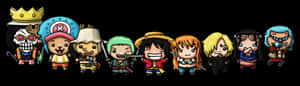 來自《One Piece》的Q版動漫角色在黑色背景前排列成行。 — 海賊王 壁紙