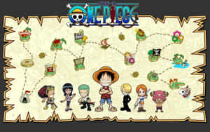 One Piece 動畫角色站在一張有島嶼和黃金的藏寶圖前。 — 海賊王 壁紙