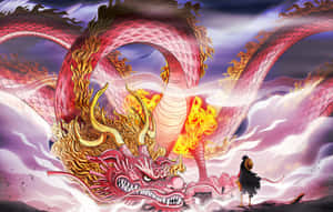 一名戰士站在一隻在暴風雨中噴火的巨大紅龍面前。 — 日本龍動畫 壁紙