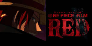 紅髮草帽動畫角色與One Piece Film Red標題。 — 電影 壁紙