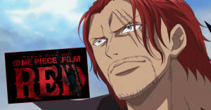 紅髮帶傷疤的動漫角色在ONE PIECE FILM RED海報旁邊。 — 電影 壁紙