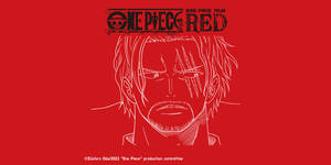 紅色背景上帶有疤痕的動漫男性的白色線條畫，附有One Piece Red標誌。 — 電影 壁紙