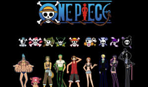 黑色背景上海盜標誌下的 One Piece 動畫角色。 — 海賊王 壁紙