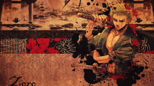 動漫武士戰士在傳統日本場景中手持帶有血跡的劍。