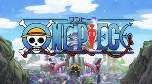 One Piece 動漫標誌位於色彩繽紛的海濱小鎮、山脈和天空之上