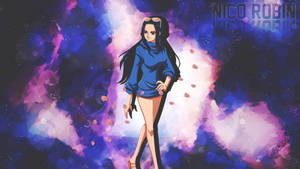 穿著藍色毛衣的動漫女孩妮可·羅賓，在色彩繽紛的太空背景前，伴隨著漂浮的花瓣。