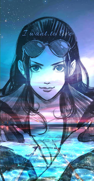 動漫女孩戴著太陽眼鏡，在繁星天空和發光的水面下，文字 I want to live