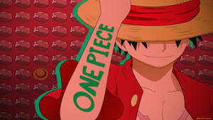 動畫海盜角色喺有圖案嘅紅色背景前舉起One Piece橫額。