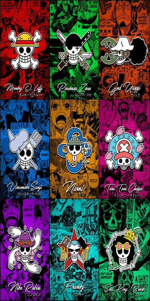 漫畫風格的 One Piece 船員頭骨標誌及名字。 — 拼貼 GIF 壁紙