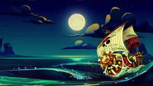 海盜船在夜間黑暗的海洋上滿月下航行 — 海賊王 壁紙