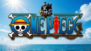 One Piece 動畫標誌，帶有骷髏帽和海盜船，在日落時分的海洋上。
