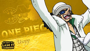 《ONE PIECE FILM GOLD》中的烏索普在金色背景上高舉雙臂慶祝。