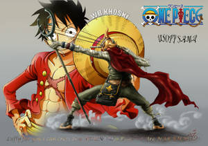 《ONE PIECE》中路飛和烏索普的動態動作姿勢，帶有煙霧效果。
