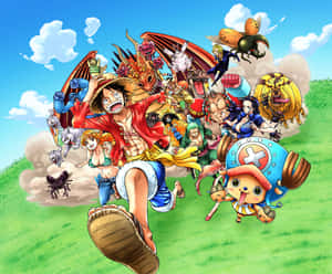 《One Piece》船員在藍天下跑過草地。 — 海賊王 壁紙