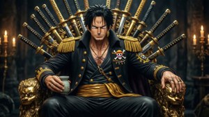 一個身穿黑金鎧甲的海盜王坐在金色王座上，周圍環繞著劍和蠟燭。
