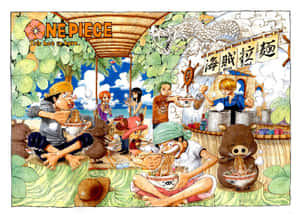 海盜們在海灘攤位享用拉麵，One Piece漫畫風格。 — 美食 壁紙