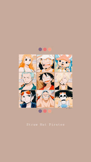 草帽海賊團動漫角色在米色背景上以3x3網格排列，附有色票。 — 拼貼 GIF 壁紙