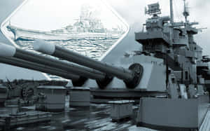 戰艦炮塔特寫，疊加線條藝術軍艦。 — 1920x1200 壁紙